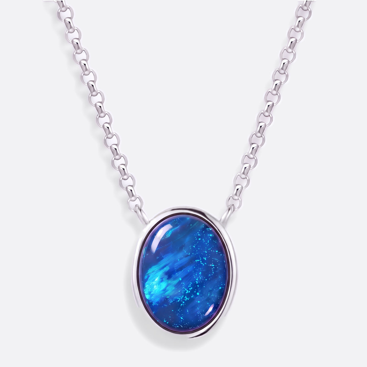 Ellipse of Flame Blue/Green Opal-Kette in 925 Silber mit ovalem blauem Opal (Triplette), Ansicht vorne