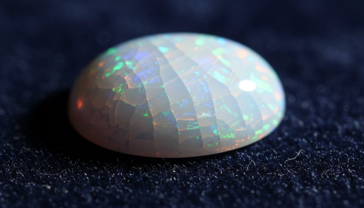 Makroaufnahme eines Opals mit feinen Trockenrissen auf der Oberfläche