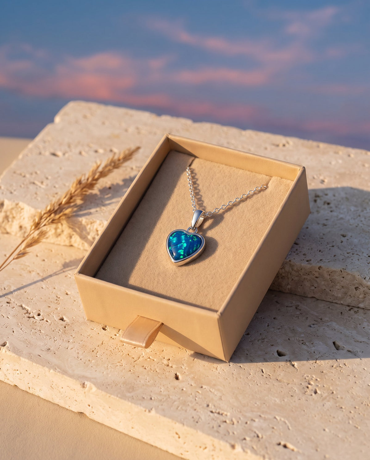 Collier cœur en opale dans un coffret cadeau couleur sable sur travertin